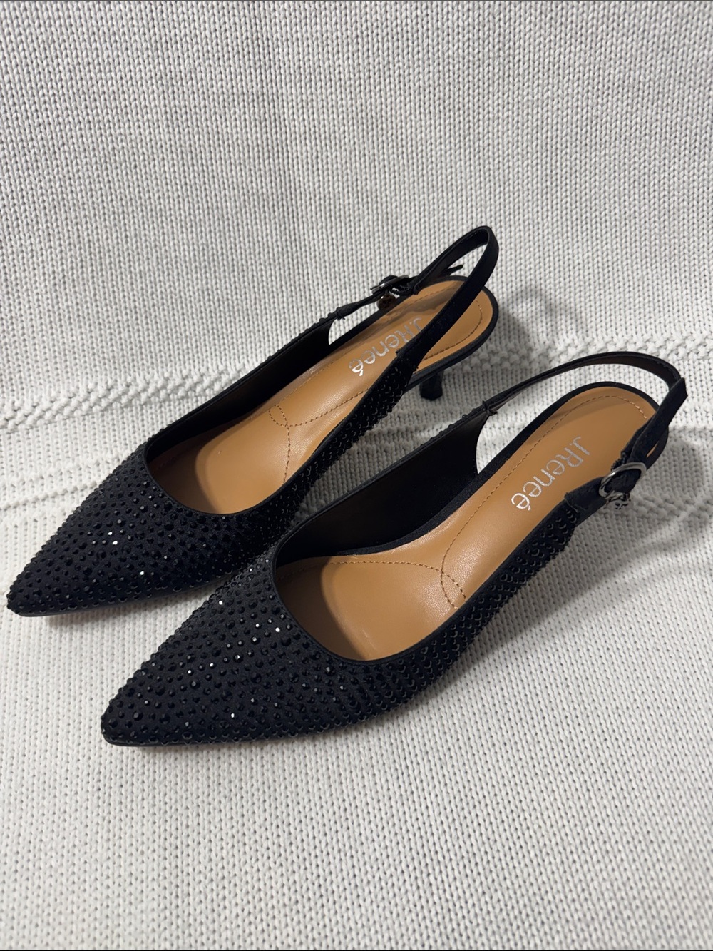 J.Renee Black Pointed Slingback Heels with Rhinestone Accents